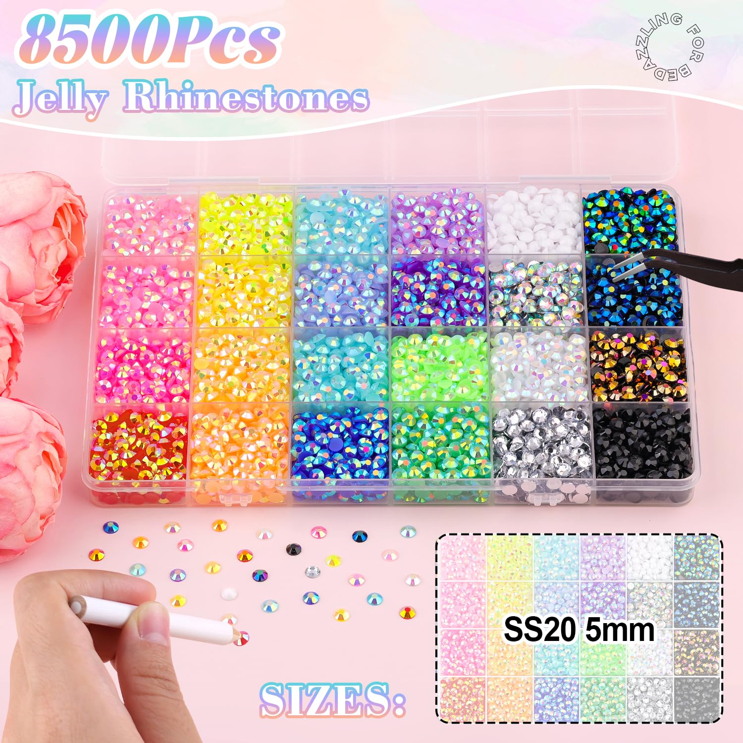 8500Pcs Resin Rhinestones for Bedazzling with B7000 Jewelry Glue, 5MM Colorful Gems Flatback Rhinestones for Crafting, Crystal for DIY Crafts Clothing Tumblers Mugs Shoes Fabric Decor Nail Art-Velvo Beauty