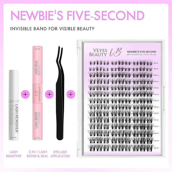 VEYESBEAUTY Lash Clusters Kit Eyelash Extensions Thin & Invisible Band DIY Individual False Eyelashes Newbie's Five-Second Series Lash Tray for Self-application, Whisper Lash 8-16mm Mixed Length-Velvo Beauty