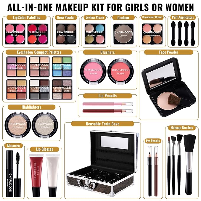 Makeup Kit for Teen Girls & Women Full Kit, Beauty Train Case with Starter Cosmetics Set, Make Up Valentine's Day Gift Box with Eyeshadow,Lipgloss,Highlight,Blush,Lip&Eye Pen,Brush & More(GoldenBrown)-Velvo Beauty