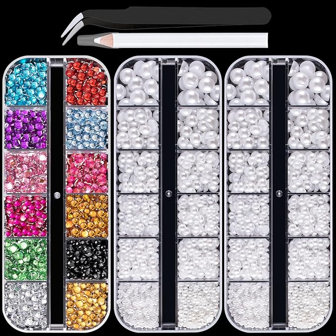 Flat Back Rhinestone+Half Round Pearl Kits Colorful Rhinestones+White Pearls with Picker Pencil and Tweezer for Home DIY and Professional Use-Velvo Beauty