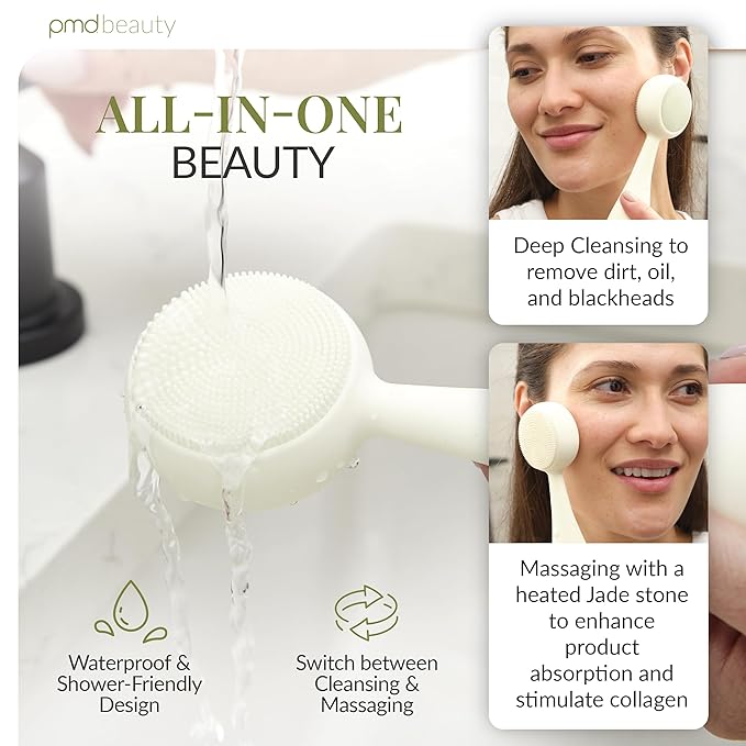 PMD Beauty Clean Pro Jade - Smart Facial Cleansing Device with Silicone Brush & Jade Gemstone ActiveWarmth Anti-Aging Massager - Waterproof - SonicGlow Vibration - Clear Pores & Blackheads-Velvo Beauty