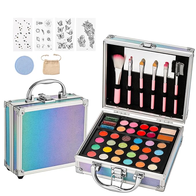 Anpro All-In-One Makeup Carry Case with Pro Teen Makeup Set, Full Starter Cosmetics Kit with Makeup Brushes, Eye Shadows Palette, Blushes, Glitter Gel, Temporary Tattoo Stickers - Blue-Velvo Beauty