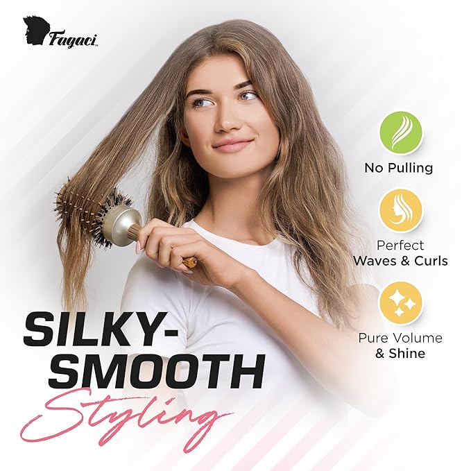 Fagaci Professional Large Round Brush with Natural Boar Bristles for Blow Drying, Nano Technology Ceramic+Ionic for Hair Styling, Volumizing and Healthy Hair - 4 Styling Clips Included-Velvo Beauty