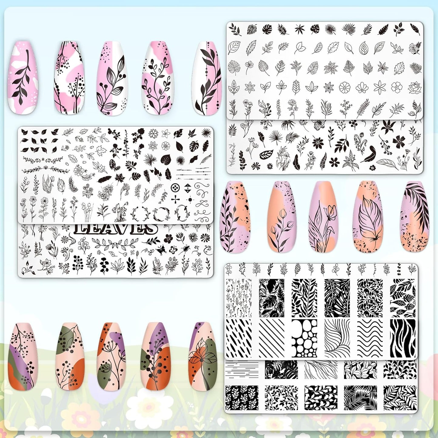 Whaline 6Pcs Spring Floral Leaves Nail Plates Stamping Set Plant Leaves Stamp Templates Nail Art Plates for DIY Print Manicure Salon Design-Velvo Beauty