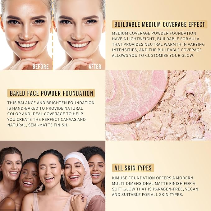 KIMUSE Lighting Glow Baked Foundation, Brighten Color, Color Corrector, Buildable Coverage, Lightweight Powder Foundation, Radiant Natural Finish-Velvo Beauty