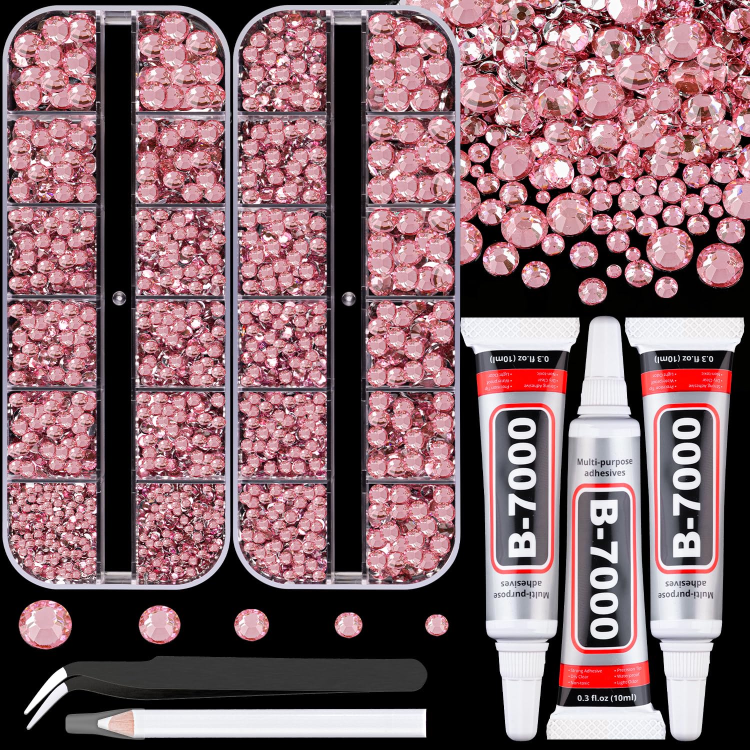 Resin Rhinestones for Crafting with B7000 Jewelry Glue, 2 Boxes Dark Pink Flatback Crystals with 3Pcs 10ml Glue for Bedazzling Crafts DIY Nail Art Makeup，Non Hotfix Gems for Clothing Shoes-Velvo Beauty