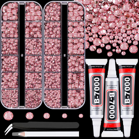 Resin Rhinestones for Crafting with B7000 Jewelry Glue, 2 Boxes Dark Pink Flatback Crystals with 3Pcs 10ml Glue for Bedazzling Crafts DIY Nail Art Makeup，Non Hotfix Gems for Clothing Shoes-Velvo Beauty