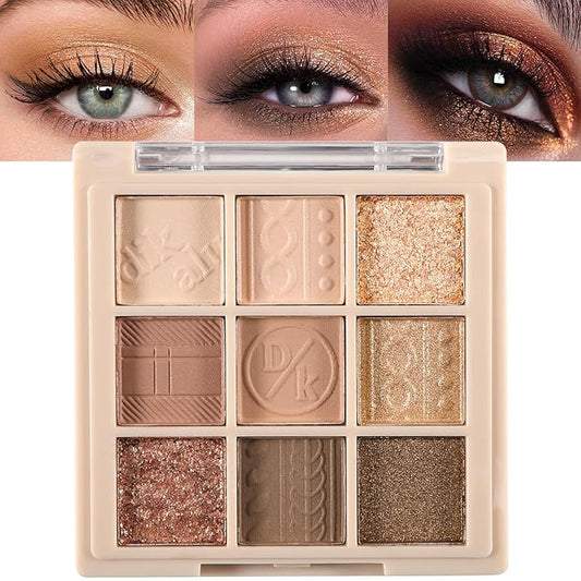 Erinde 9 Colors Eyeshadow Palette, Matte Shimmer Glitter Eye Shadow Makeup Palette, Highly Pigmented Long Lasting Waterproof, Natural Neutral Nude Eyeshadow Makeup Pallet, Cashmere-Velvo Beauty