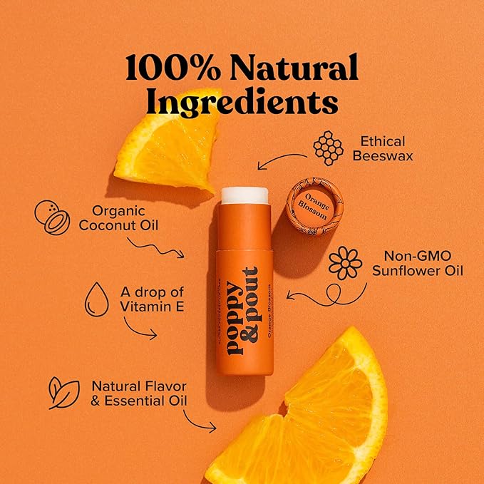 Poppy & Pout Orange Bloom Jumbo Lip Balm | All Natural Lip Balms & Moisturizers | Hydrates with Beeswax, Vitamin E, Organic Coconut Oil | Cruelty-Free | Lip Balm in Recyclable Cardboard Tube-Velvo Beauty