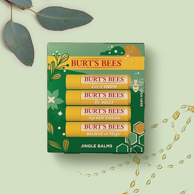 Burt's Bees Christmas Gifts, 4 Lip Balm Stocking Stuffers Products, Jingle Balms Set - Classic Beeswax Moisturizing Lip Balm-Velvo Beauty