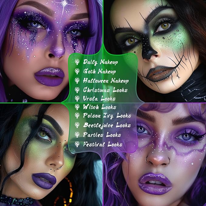 UCANBE 2pcs Eyeshadow Palette Makeup Set, Green Purple Color Shimmer Matte Metallic Eye Shadow Pallet with Soft Brush Eye Make Up Kit for Halloween Cosplay Costume Beetlejuice Medusa Poison Ivy Ursula-Velvo Beauty