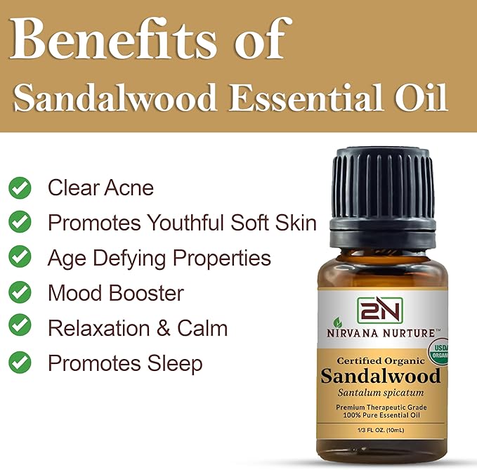 Sandalwood Essential Oil USDA Certified Organic 100% Pure Premium Therapeutic Grade, Undiluted - Aromatherapy Diffuser for Calm and Relaxation, Skin Care, Hair Care-Velvo Beauty