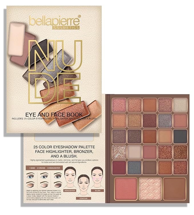 Bellapierre Nude Face & Eye Book Palette | 25 Eyeshadow Shades with Blush, Bronzer, & Highlighter | Non-Toxic & Paraben Free | Vegan & Cruelty-Free-Velvo Beauty