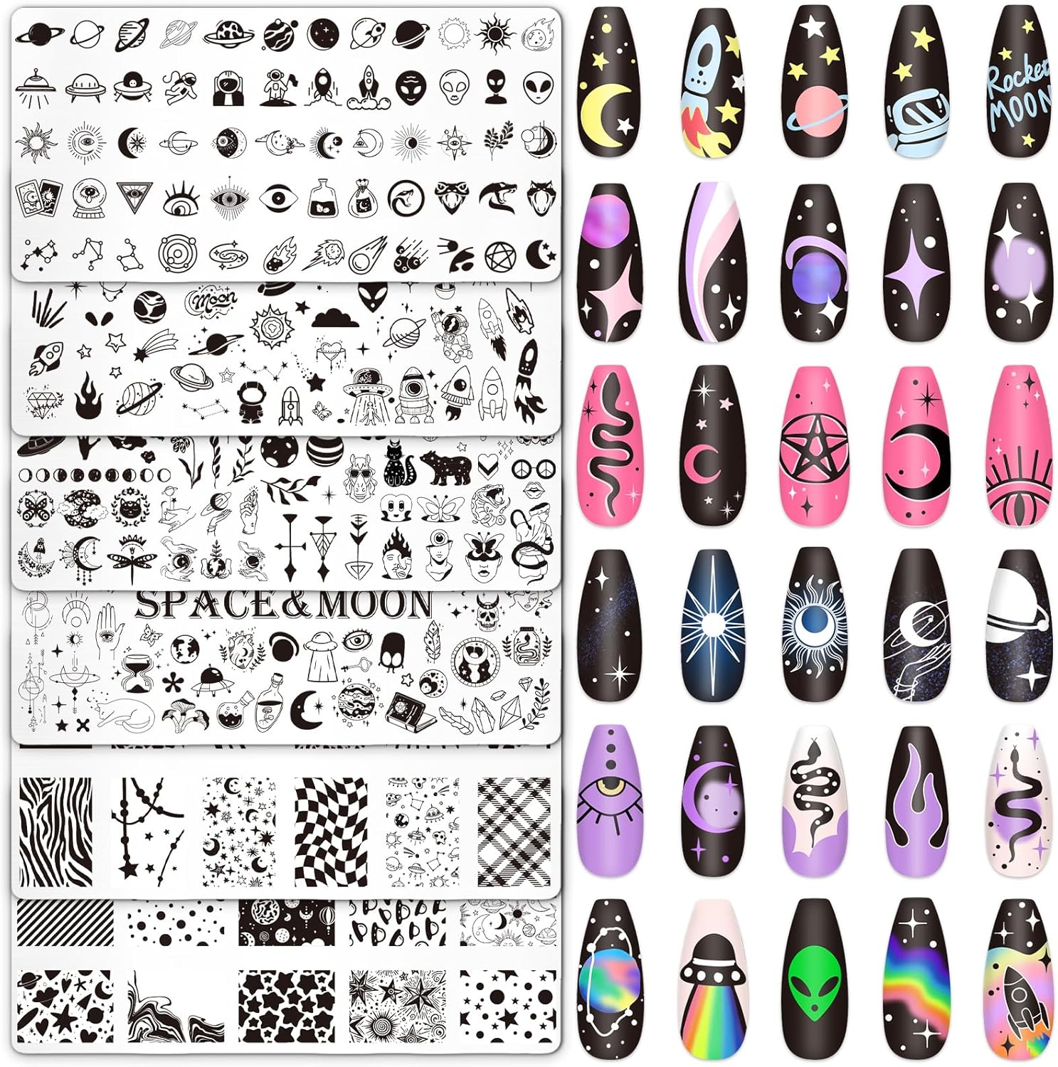 Whaline 6Pcs Outer Space Nail Plates Stamping Set Rocket Moon Planet Astronaut Stamp Templates Nail Art Plates for DIY Print Manicure Salon Design-Velvo Beauty