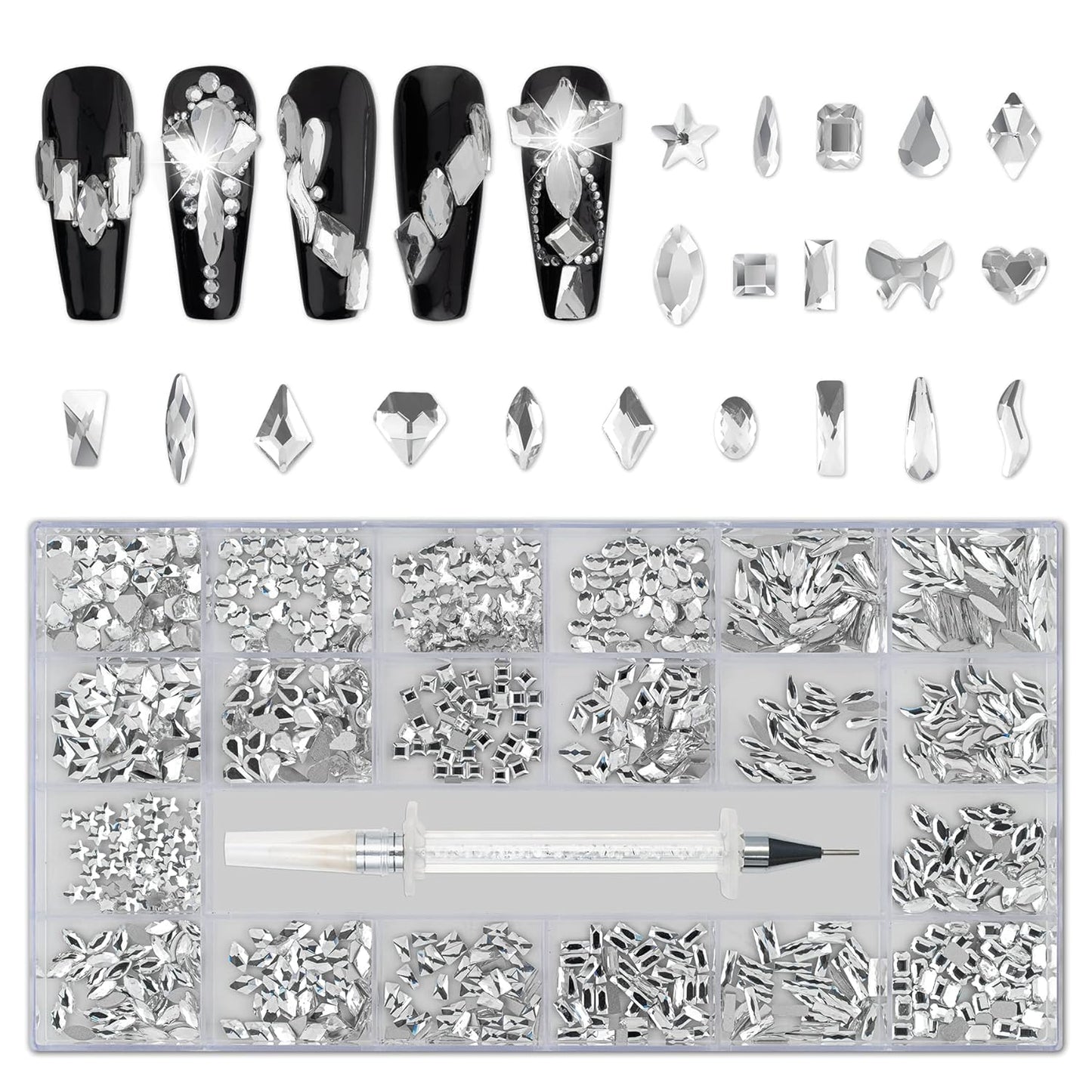 Nail Art Rhinestones, Nail Gems and Rhinestones Kit with Wax Pencil 1000 Pcs Flatback Rhinestones for Nails Decorations, Crafts, Makeup, Face, Clothes, Shoes-Velvo Beauty