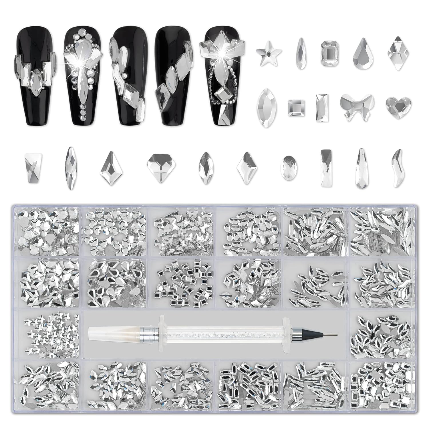 Nail Art Rhinestones, Nail Gems and Rhinestones Kit with Wax Pencil 1000 Pcs Flatback Rhinestones for Nails Decorations, Crafts, Makeup, Face, Clothes, Shoes-Velvo Beauty