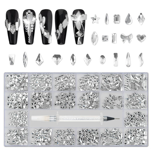 Nail Art Rhinestones, Nail Gems and Rhinestones Kit with Wax Pencil 1000 Pcs Flatback Rhinestones for Nails Decorations, Crafts, Makeup, Face, Clothes, Shoes-Velvo Beauty