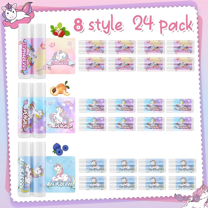 24 Pcs Unicorn Lip Balm Back to School Gift Unicorn Party Favors Lip Balm for Girls Birthday Party Favors Lip Gloss for Kids Gifts for Kids Fruity Favors Unicorn Gift for Cute Girls-Velvo Beauty