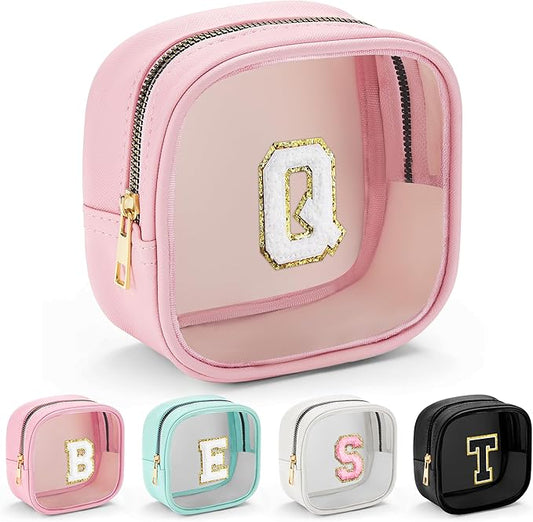YOOLIFE Initial Make Up Bag Travel Toiletry Bag, Clear Makeup Bag Preppy Cosmetic Bags Organizer Travel Essentials Gifts for Women Teen Girlfriend Teacher Mom Birthday Mothers Day Gifts-Velvo Beauty