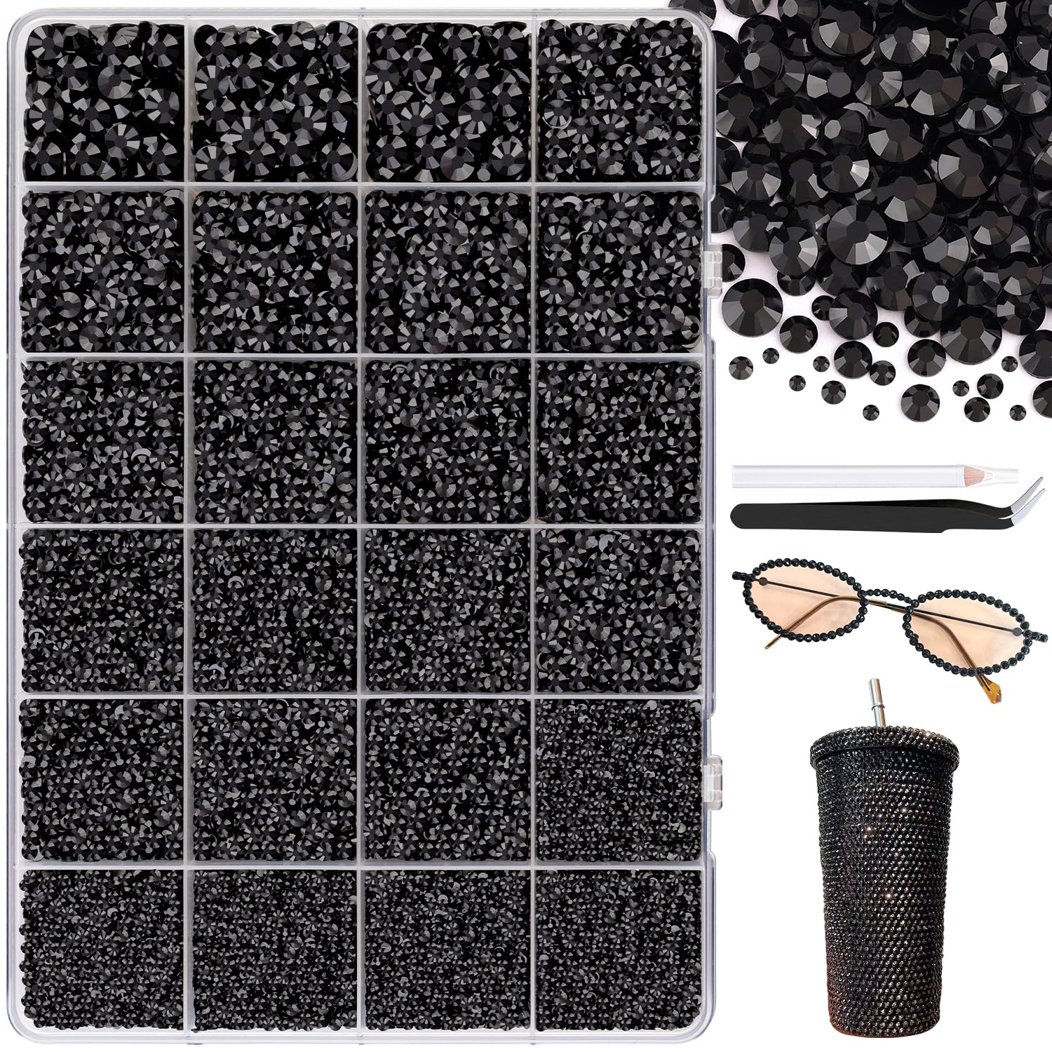 25000Pcs Resin Jelly Rhinestones with Tweezers for Crafting, 2-6mm Mixed Sizes (Black) Non Hotfix Flatback Gems, Bedazzling Crystal for DIY Crafts Clothing Tumblers Mugs Shoes Decor Nail Art-Velvo Beauty