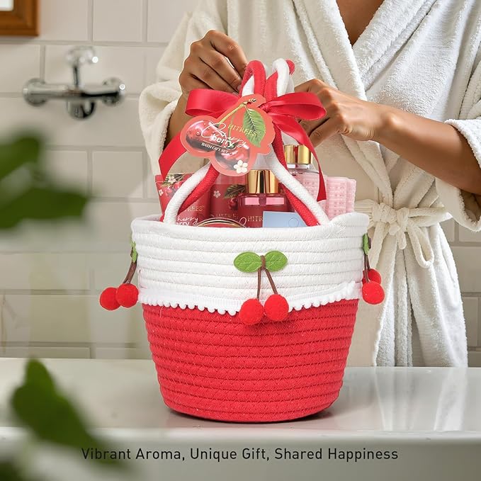 Spa Gifts for Women, Cherry & Berry Spa Gift Set for Teenage Tote Bag, Shower Gel, Hand & Body Lotion, Hitrees Birthday for Best Friend Woman, Mom, Mothers Day-Velvo Beauty