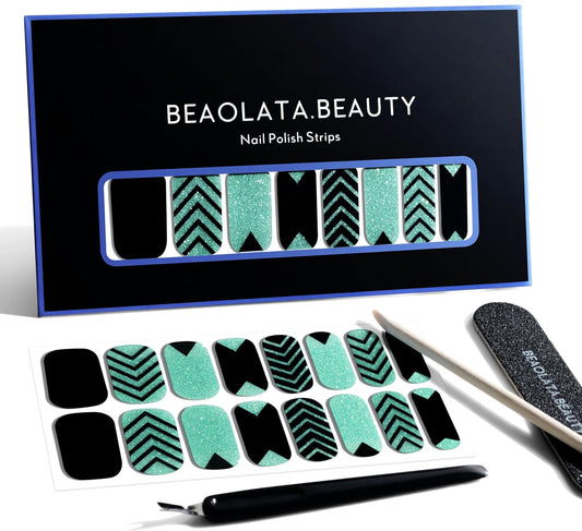 Nail Polish Strips, 32PCS Salon Quality Wraps, Long Lasting Gel Nail Stickers for Women Easy Apply& Remove (Geometry Green Glitter)-Velvo Beauty