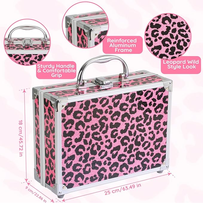 Anpro All-In-One Leopord Double Folding Makeup Carry Case with Pro Teen Makeup Set, Full Starter Kit with Makeup Brushes, Lipsticks, Eyeshadow Palette, Blushes, Glitter Gel, Ideal Present for Girls-Velvo Beauty