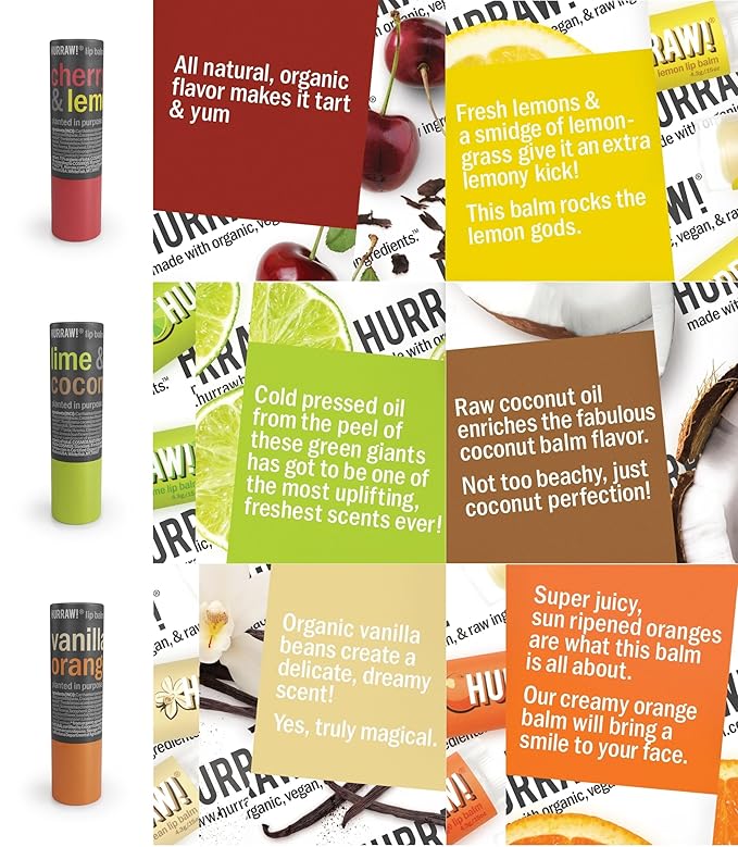 Hurraw! Cherry Lemon, Lime Coconut, and Vanilla Orange Lip Balm 3 Pack Bundle: Plastic-Free with new cardboard push-up tube. Certified Organic, Natural & Vegan. Bee, Shea, Soy & Palm Free. Made in USA-Velvo Beauty