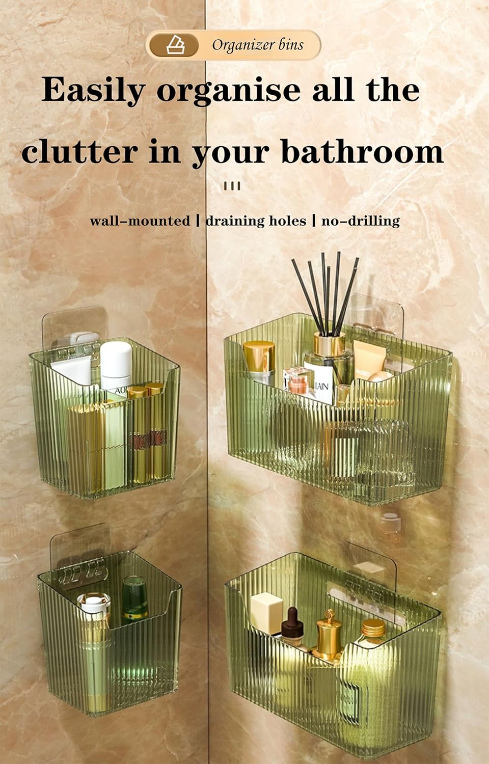 Set Of 2 Storage Organizer Bins Wall Mounted Shower Basket, Shower Caddy Stackable Clear Plastic Makeup Organizer Adhesive Hanging Bin for Bathroom, Kitchen, Cabinet, Pantry, BPA Free, Green-Velvo Beauty