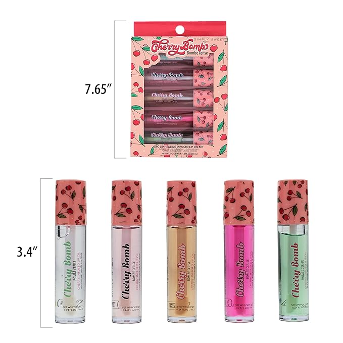 Expressions 5pc Lip Oil Set - Cherry Bomb Lip Oils, Lip Healing Cherry Infused Lip Oil Collection with Precision Applicator Wand Everyday Lip Care and Lip Repair (CHERRY BOMB)-Velvo Beauty