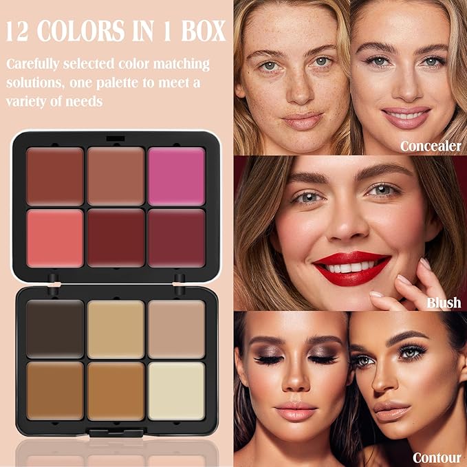 12 Colors Cream [Blush Contour Concealer] Makeup Palette for Cheeks - All in One Makeup Palette Kit with Brush, Natural Matte Long Wearing, Waterproof Blendable Face Make Up Pallete (#02)-Velvo Beauty