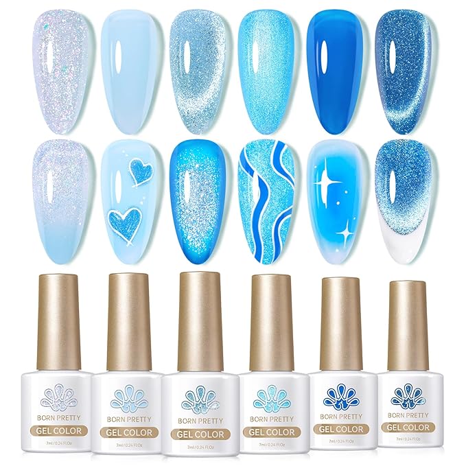 Born Pretty Gel Nail Polish Blue Series,Jelly Transparent,Cat Magnetic Eye,Shimmer Glitter Holographic Blue Gel Polish Kit for Salon Manicure and Nail Art DIY at Home 6Colors-Velvo Beauty