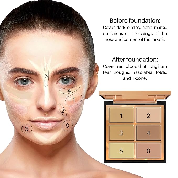 FV 6 Colors Cream Concealer Palette, Full Coverage & Long Lasting Colors Corrector Palette for Dark Circles, Redness, Acne with Natural Finish Cream Foundation Palette, 01 Light Shade-Velvo Beauty