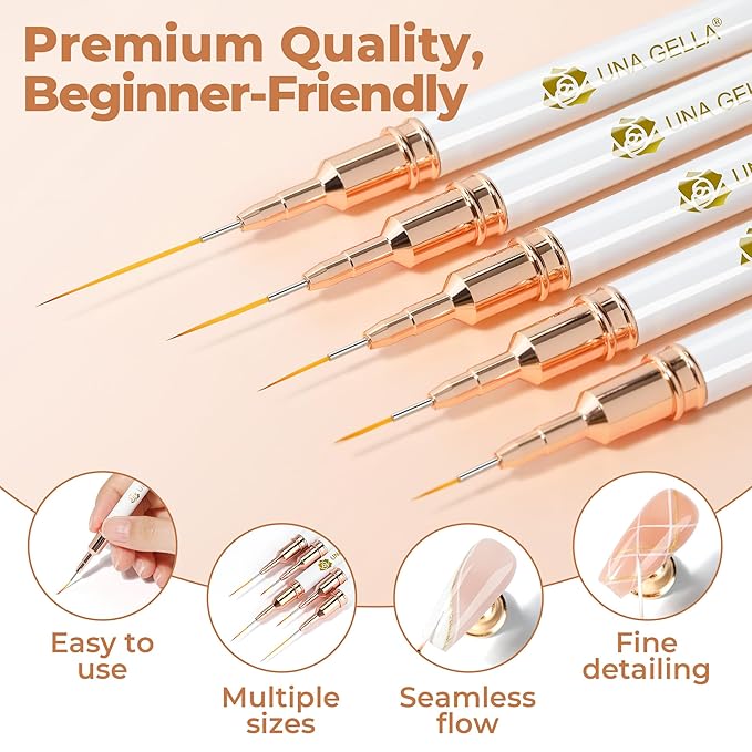 UNA GELLA Nail Art Brushes Metallic, Liner Pens Set For Nail Art Gel Polish, 5Pcs White Color, Detail Nail Art Design Painting Brush Set For Nails Gel Fine Drawing Nail Tools, Sizes 7/9/11/15/25mm-Velvo Beauty