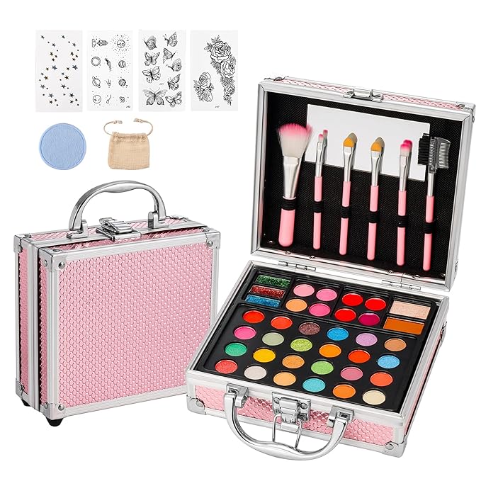 Anpro All-In-One Makeup Carry Case with Pro Teen Makeup Set, Full Starter Cosmetics Kit with Makeup Brushes, Eye Shadows Palette, Blushes, Glitter Gel, Temporary Tattoo Stickers - Blue-Velvo Beauty