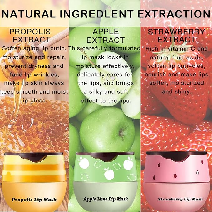 3 PCS Lip Balm Honey Pot, Honey Apple Strawberry Lip Masks Overnight, Propolis Moisturizing Lip Sleeping Mask, Prevention Dry Crack Lip Repair Nourishes the Lip Skin and Lip Wrinkle Care.-Velvo Beauty