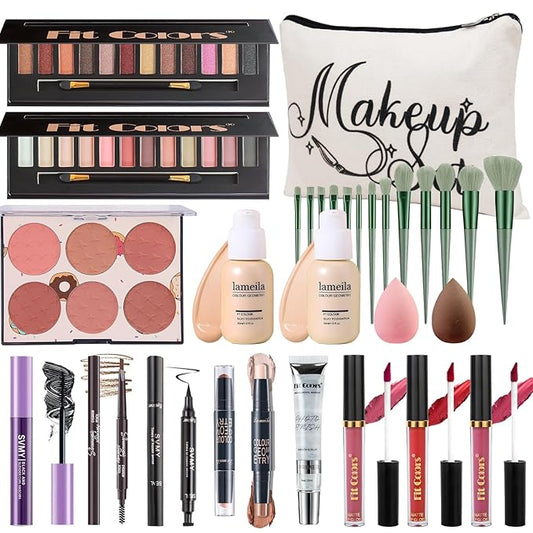Makeup Kit for Women Full Kit, Travel Makeup Kit for, Makeup Present Set for Teens Girls Beginners Professionals, Makeup Bundle Include 2 Matte & Glitter Eyeshadow Palettes, Lip Gloss Set-Velvo Beauty