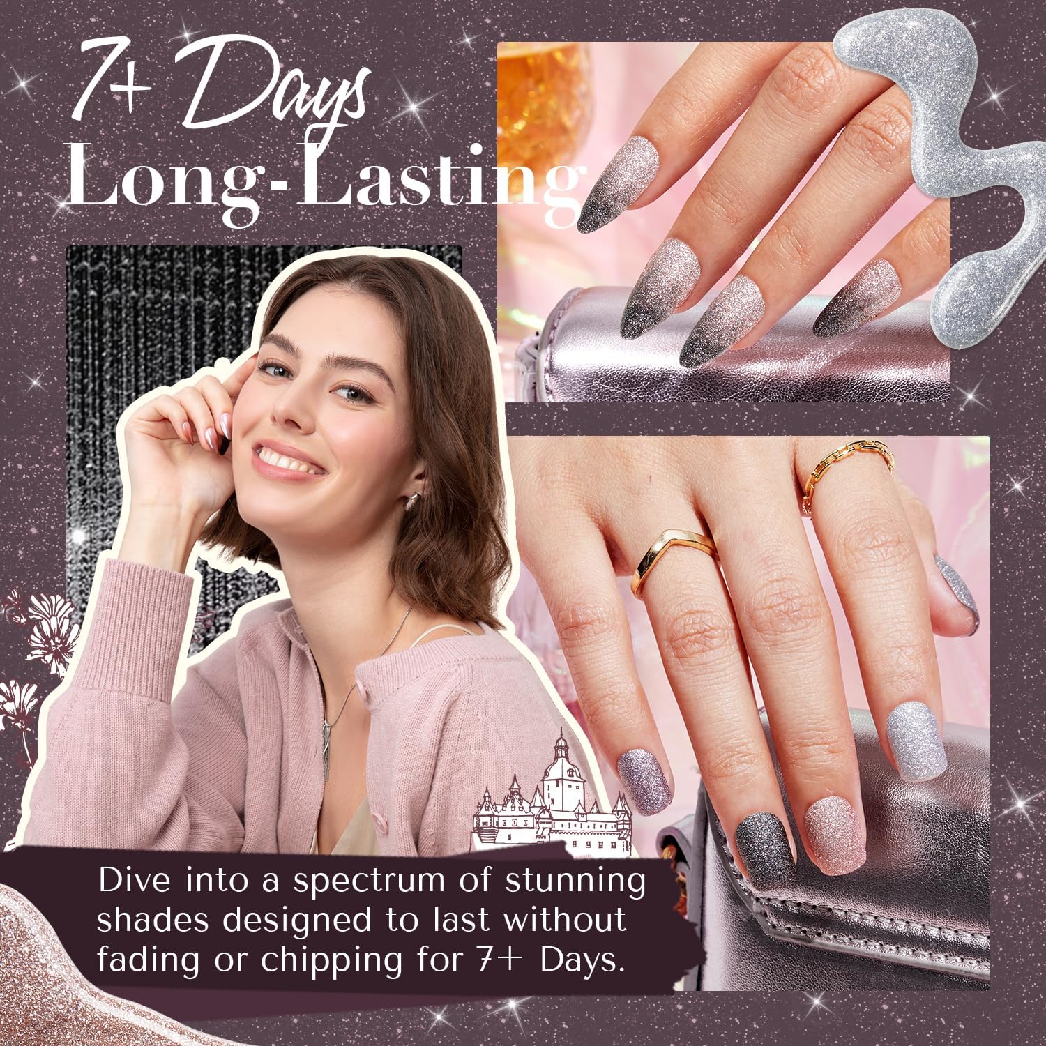 AZUREBEAUTY Matte Glitter Nail Polish Set 4 Colors Diamond Platinum Silver Purple Black Nude Nail Polish Quick Dry Natural Nail Kit with Top Coat DIY Salon Home-Velvo Beauty