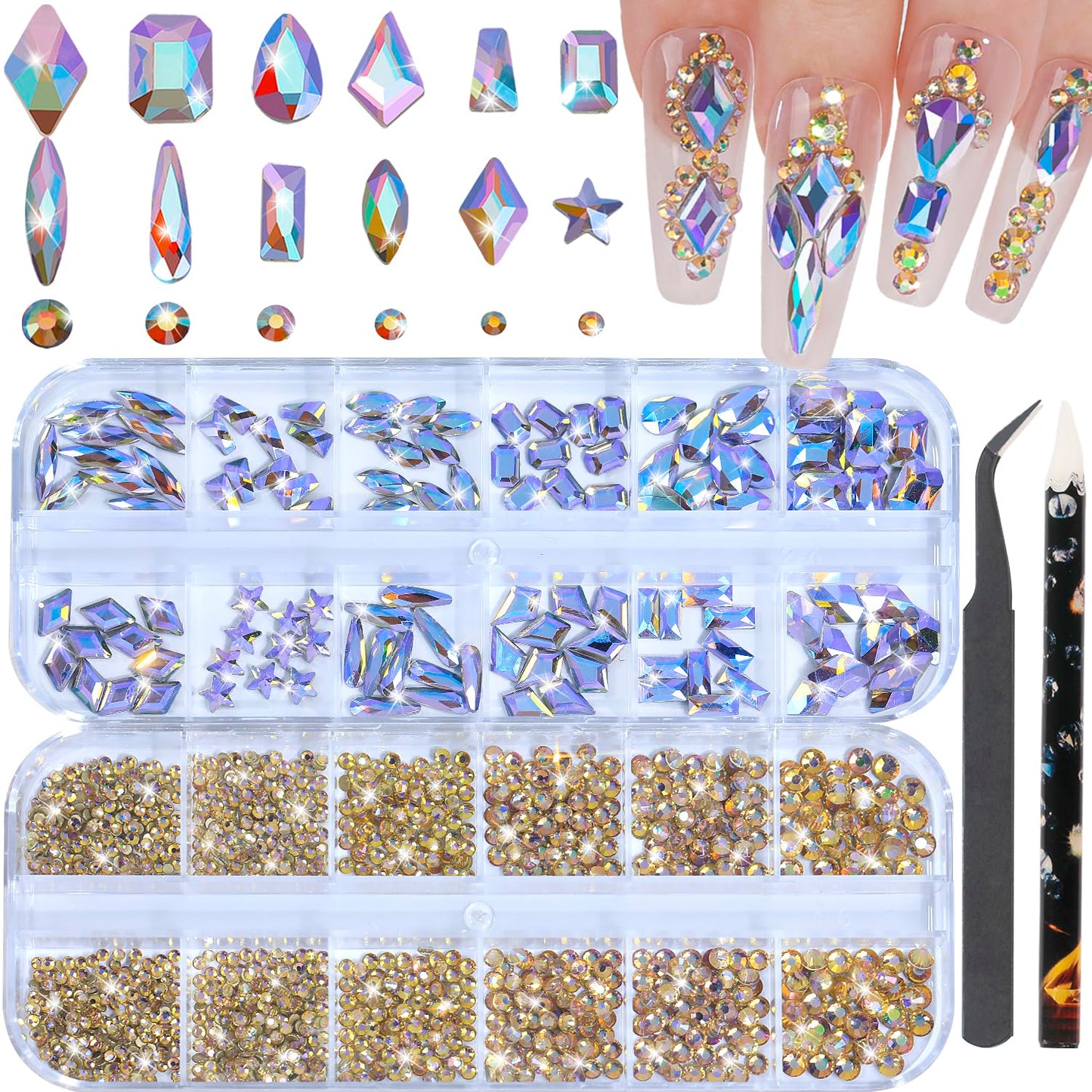 HNUIX Nail Rhinestones - 3D Multi Shape Size Crystal, Phantom Purple Nail Gems, Flat Back, with Kit, for Nail Art, DIY Decorations-Velvo Beauty