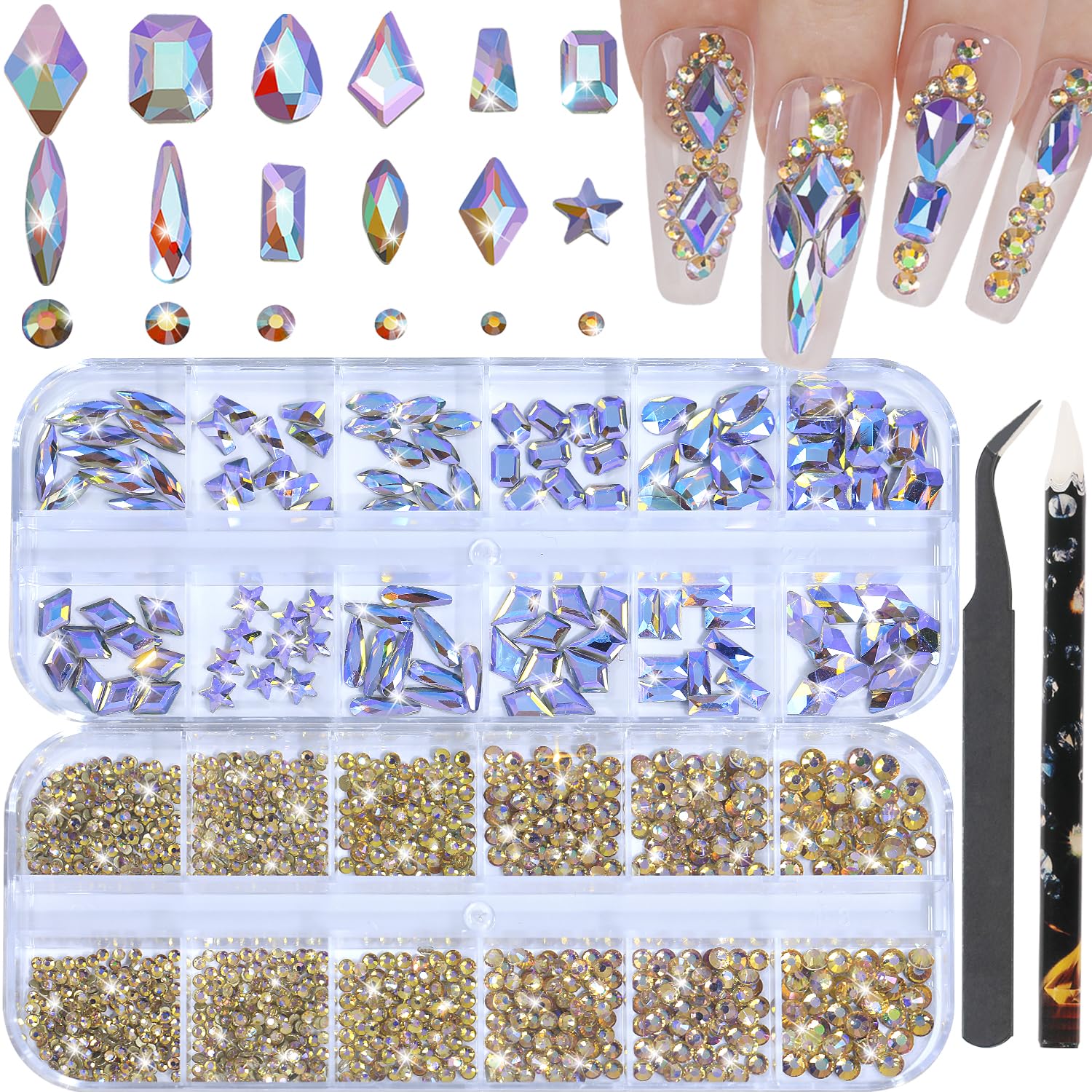 HNUIX Nail Rhinestones - 3D Multi Shape Size Crystal, Phantom Purple Nail Gems, Flat Back, with Kit, for Nail Art, DIY Decorations-Velvo Beauty