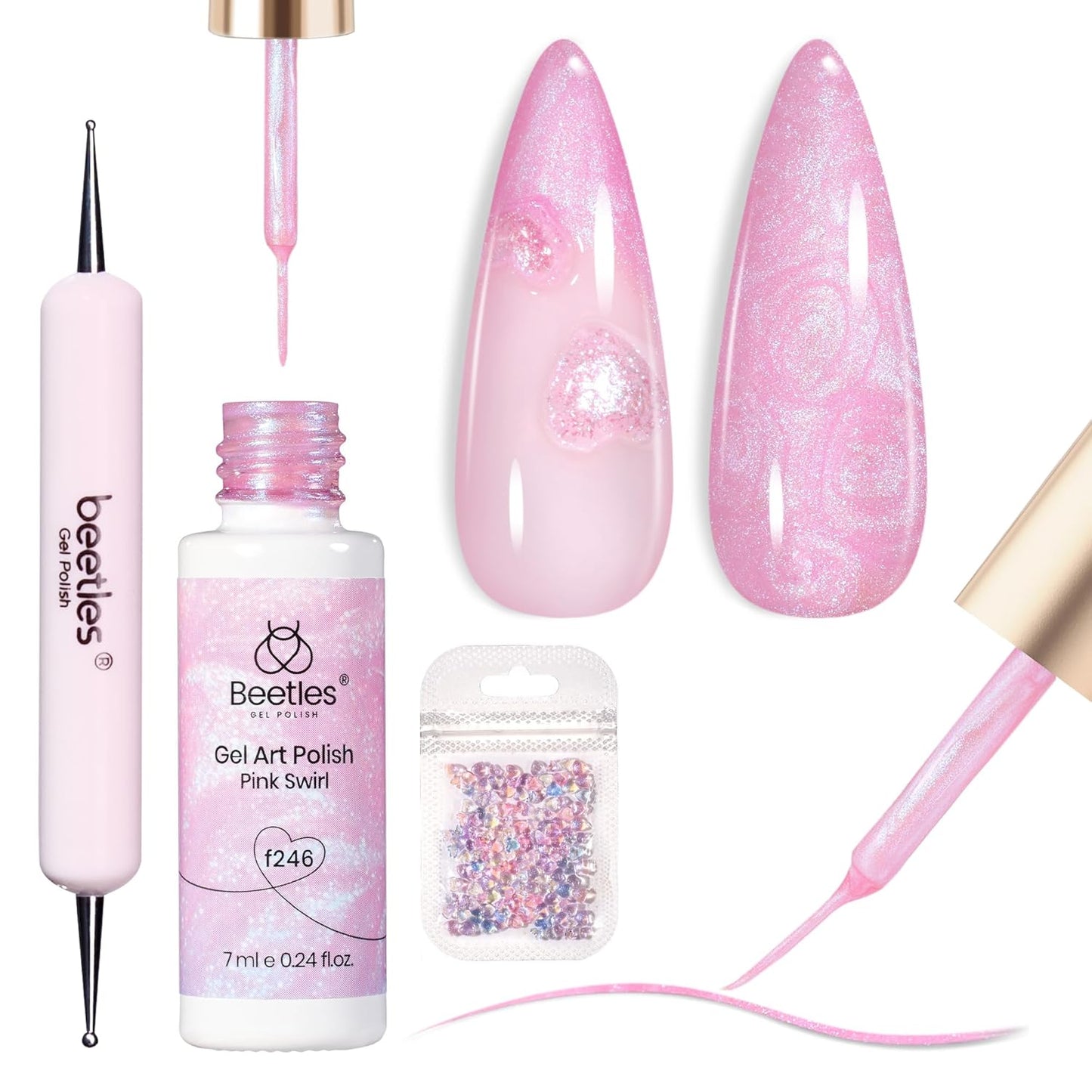 Beetles Pearl Pink Gel Nail Polish,Pearlescent Pink Mermaid Nail Drawing Gel Nail Art Polish Soak Off Uv Led Shimmer Gel Liner Nail Art with Dotting Pen & Heart Nail Charms for Women-Velvo Beauty