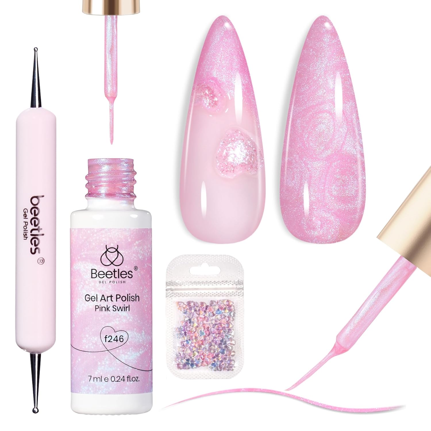 Beetles Pearl Pink Gel Nail Polish,Pearlescent Pink Mermaid Nail Drawing Gel Nail Art Polish Soak Off Uv Led Shimmer Gel Liner Nail Art with Dotting Pen & Heart Nail Charms for Women-Velvo Beauty