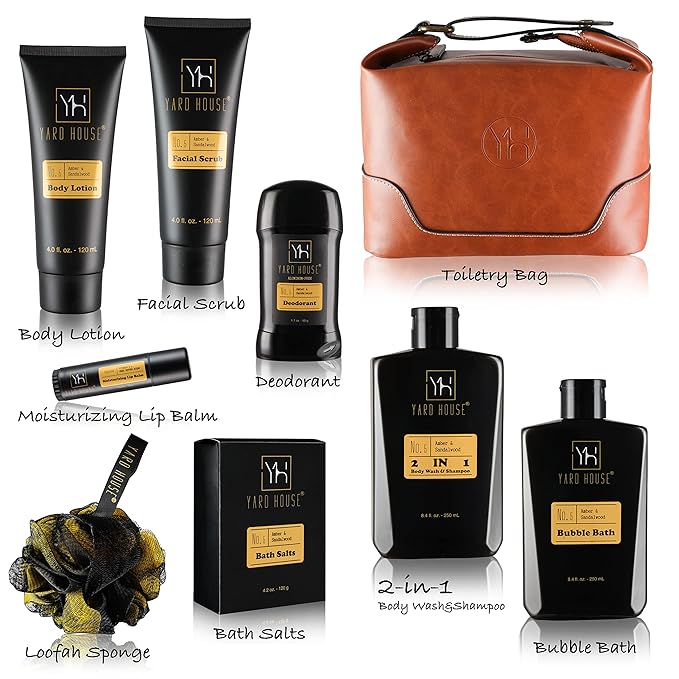 Bath and Body Gift Set for Men - Sandalwood Amber - Birthday, Christmas, Fathers Day Gifts From Wife Daughter Son for Husband, Dad - Relax Spa Kit w. Full Size Items in Deluxe Toiletry Bag-Velvo Beauty