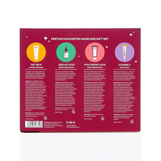 Q+A Festive Favourites Gift Set, containing a Hyaluronic Acid Moisturiser (75ml), an Oat Milk Cream Cleanser (75ml), an Azelaic Acid Serum (30ml), and a Caffeine Eye Serum (15ml)-Velvo Beauty