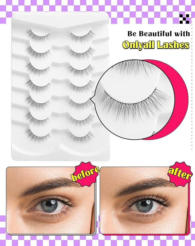 Onlyall Natural Lashes Wispy Lashes Natural Look False Eyelashes Natural Flared Eyelashes False Eye Lashes Soft Fluffy Lashes 7 Pairs DK32, Black-Velvo Beauty