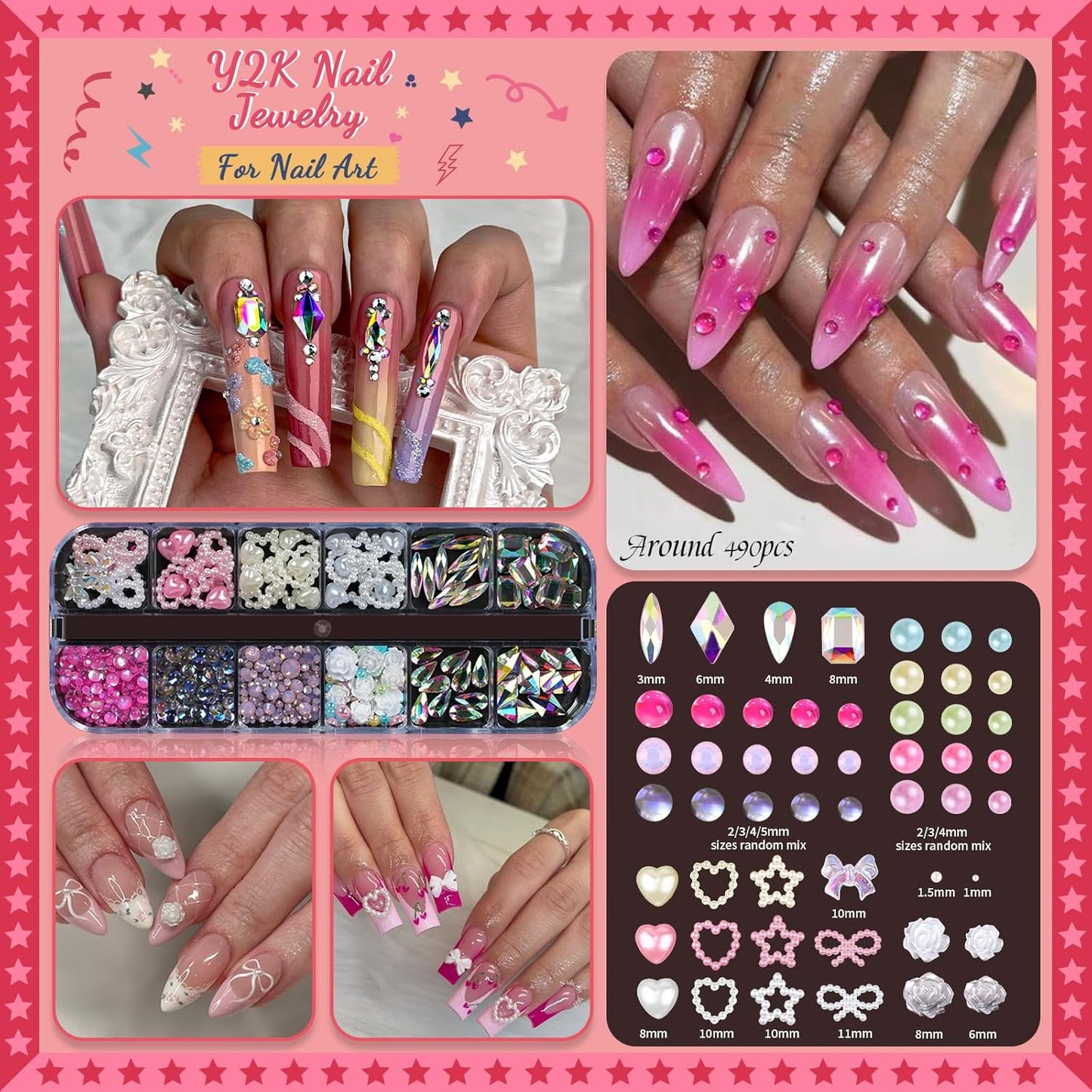 Rhinestones, AB Crystal Nail Gems Pink Opal Nail Rhinestones with Aurora Bubble Beads Pearls Star Heart Bows Nail Charms and Rhinestone Picker Tools for Kwaii Y2K Nail Art Decor - 3 Boxes-Velvo Beauty