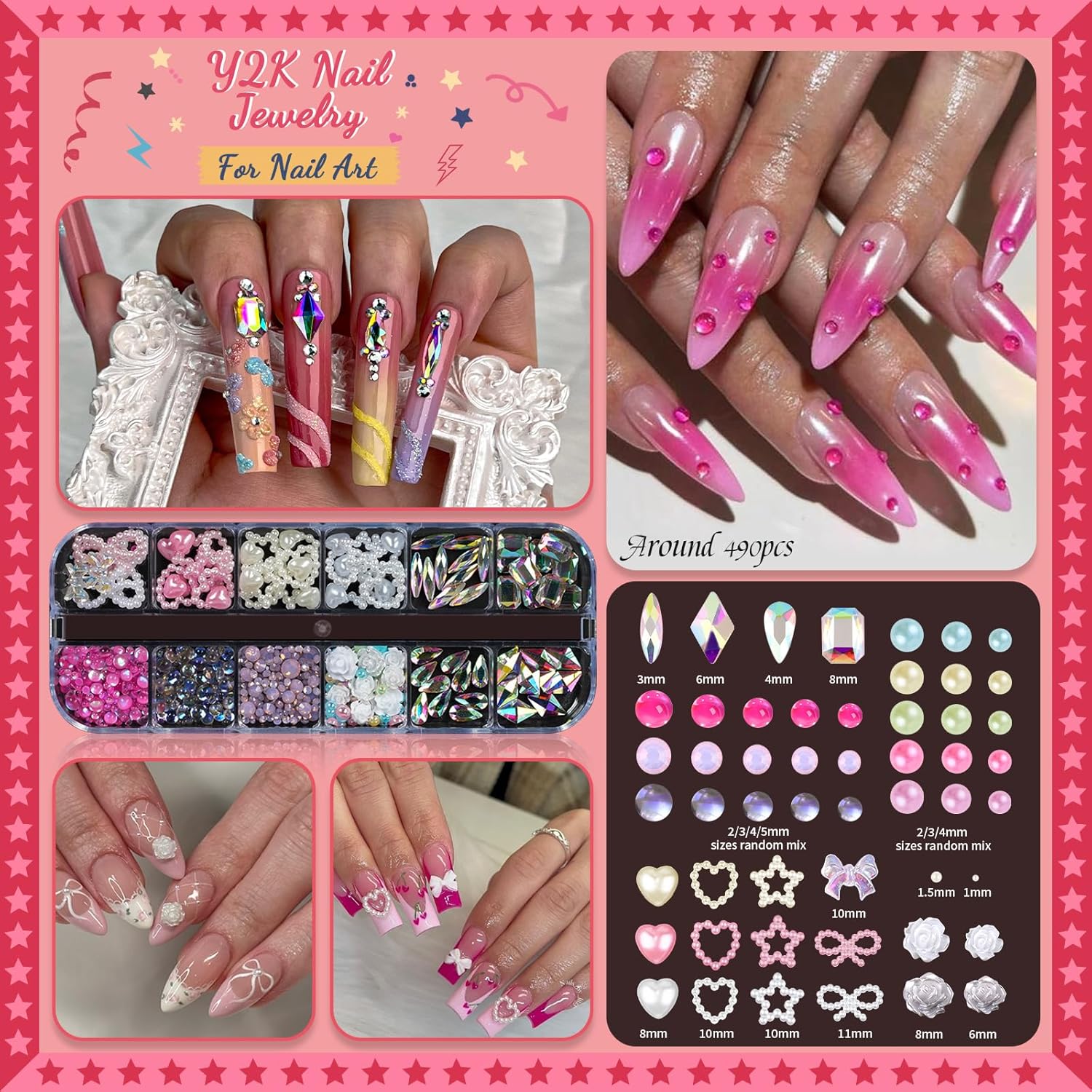 Rhinestones, AB Crystal Nail Gems Pink Opal Nail Rhinestones with Aurora Bubble Beads Pearls Star Heart Bows Nail Charms and Rhinestone Picker Tools for Kwaii Y2K Nail Art Decor - 3 Boxes-Velvo Beauty