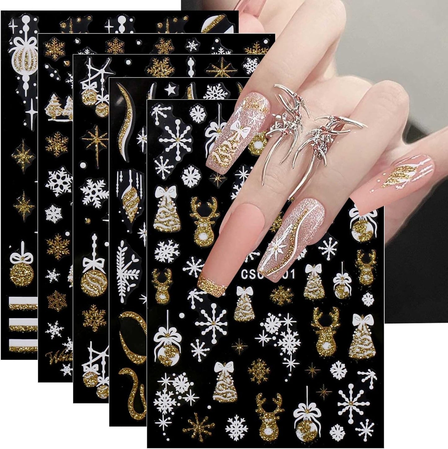 JMEOWIO 8 Sheets Christmas Glitter Nail Art Stickers Decals Self-Adhesive Snowflake Winter Holiday Cute Nail Supplies Nail Art Design Decoration Accessories-Velvo Beauty