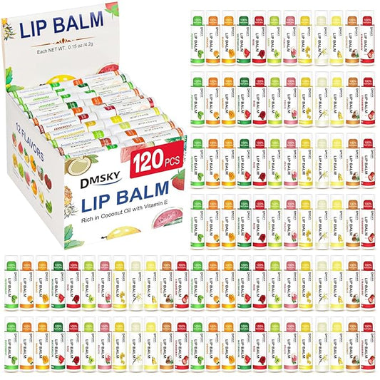 DMSKY 120 Pack Lip Balm, Lip Balm Bulk with Vitamin E and Coconut Oil, Moisturizing Lip Balm for Dry Lips, Stocking Stuffers for Women Girls-12 Flavors-Velvo Beauty
