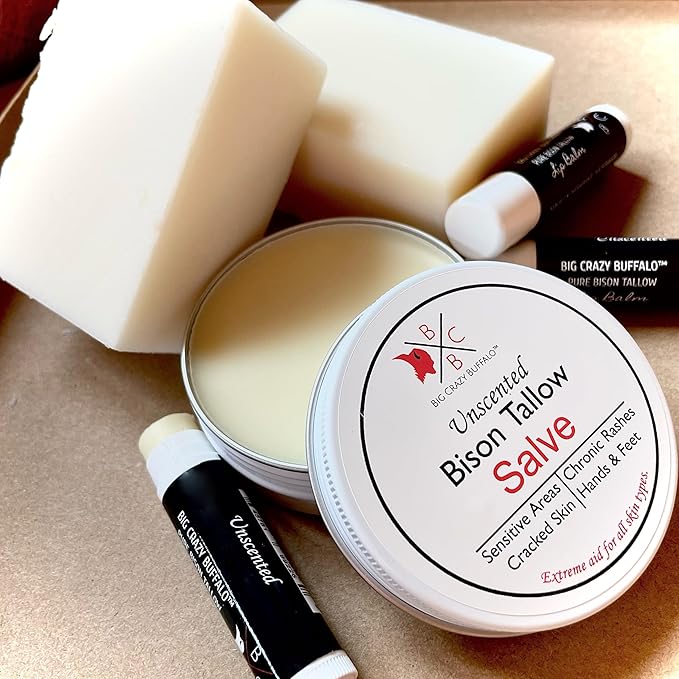 Pure Bison Tallow Unscented Gift Set - Buff Bar, Salve, & 3 Unscented Lip Balms - Cleans, Moisturizes, Soothes, Naturally Derived - No Dyes, Chemicals, Fragrances, or Preservatives-Velvo Beauty